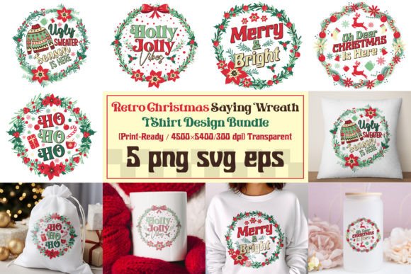 Retro Christmas Wreath T-Shirt Bundle